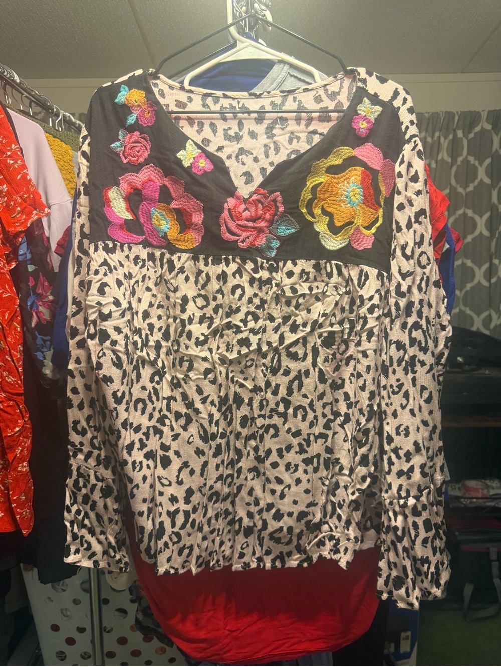 Embroidered Floral Leopard-Print Blouse - Pink/Black